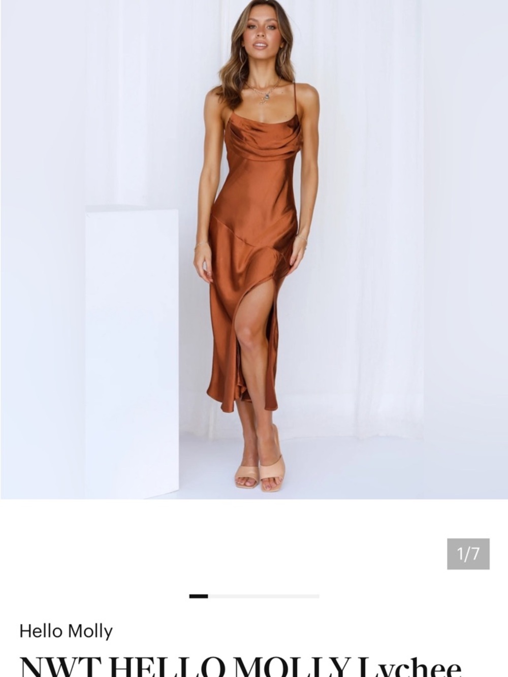 Hello Molly Lychee Satin Cowl Slip Dress in Copper Brown